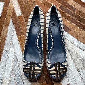 Tory Burch Navy Stripe Block Heel